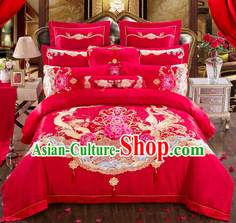 Traditional Chinese Style Marriage Bedding Set Embroidered Dragon Phoenix Peony Wedding Celebration Red Satin Drill Textile Bedding Sheet Quilt Cover Eleven-piece Suit