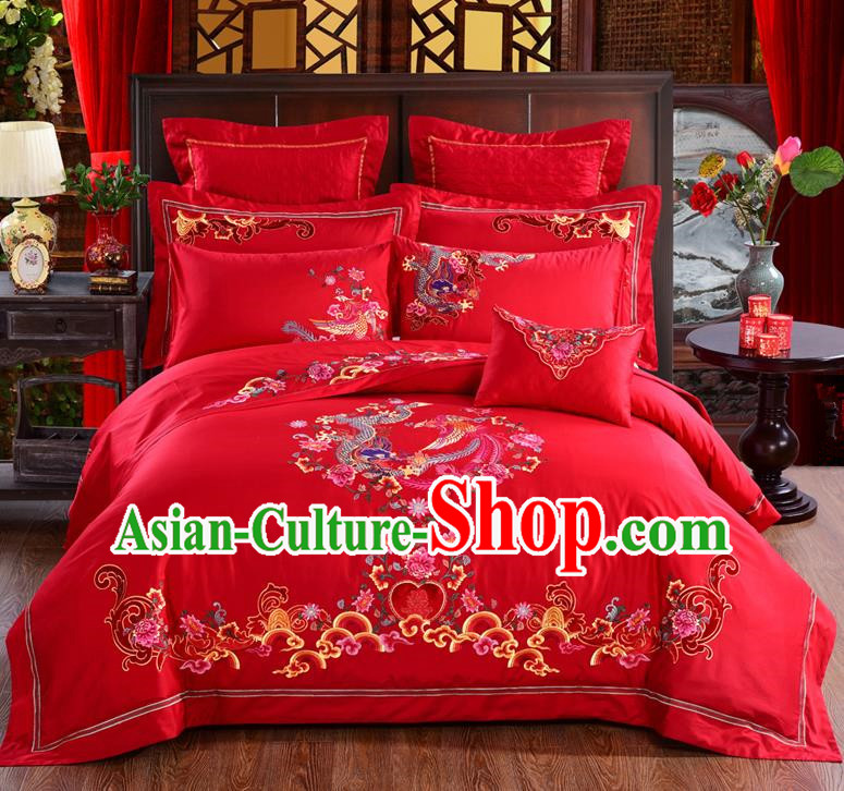 Traditional Chinese Style Marriage Bedding Set Embroidered Phoenix Peony Wedding Celebration Red Satin Drill Textile Bedding Sheet Quilt Cover Ten-piece Suit