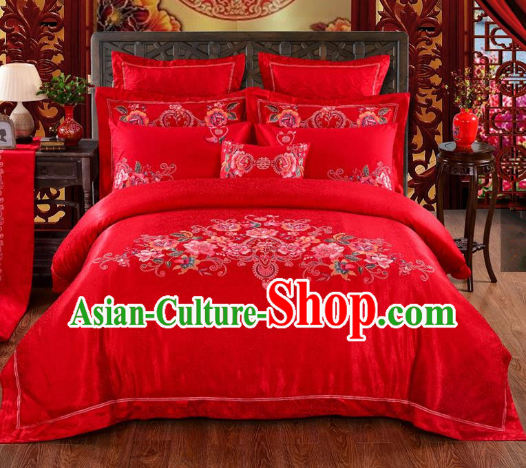 Traditional Chinese Style Marriage Bedding Set Embroidered Peony Wedding Celebration Red Satin Drill Textile Bedding Sheet Quilt Cover Ten-piece Suit