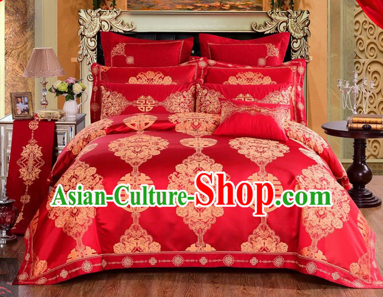 Traditional Chinese Style Marriage Bedding Set Wedding Celebration Red Satin Drill Textile Bedding Sheet Quilt Cover Ten-piece Suit