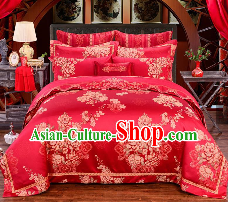 Traditional Chinese Style Marriage Printing Flowers Bedding Set Wedding Celebration Red Satin Drill Textile Bedding Sheet Quilt Cover Ten-piece Suit