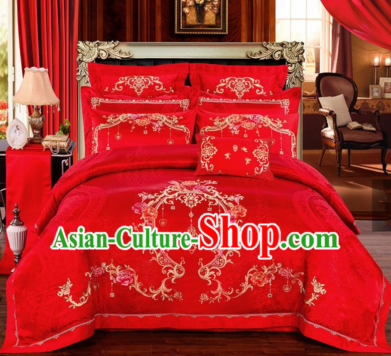 Traditional Chinese Style Marriage Printing Peony Bedding Set Wedding Celebration Red Satin Drill Textile Bedding Sheet Quilt Cover Ten-piece Suit