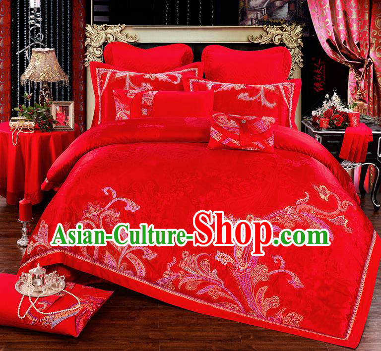 Traditional Chinese Style Marriage Printing Bedding Set Wedding Celebration Red Satin Drill Textile Bedding Sheet Quilt Cover Ten-piece Suit