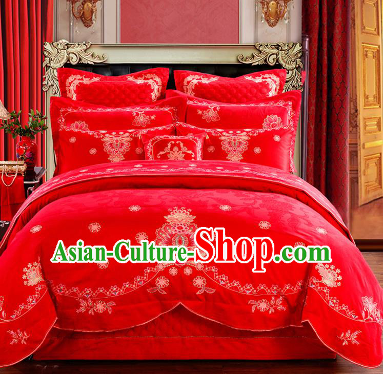 Traditional Chinese Style Marriage Embroidered Bedding Set Wedding Celebration Red Satin Drill Textile Bedding Sheet Quilt Cover Ten-piece Suit