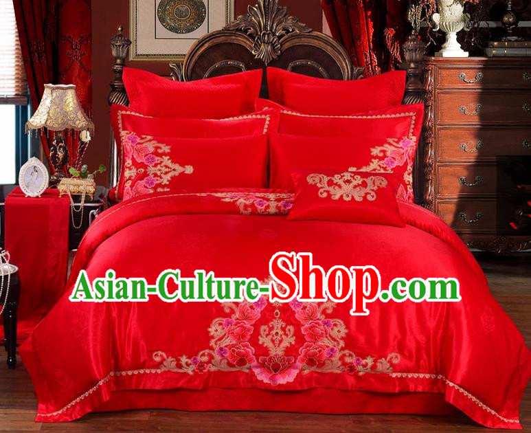 Traditional Chinese Style Marriage Embroidered Flowers Bedding Set Wedding Celebration Red Satin Drill Textile Bedding Sheet Quilt Cover Ten-piece Suit