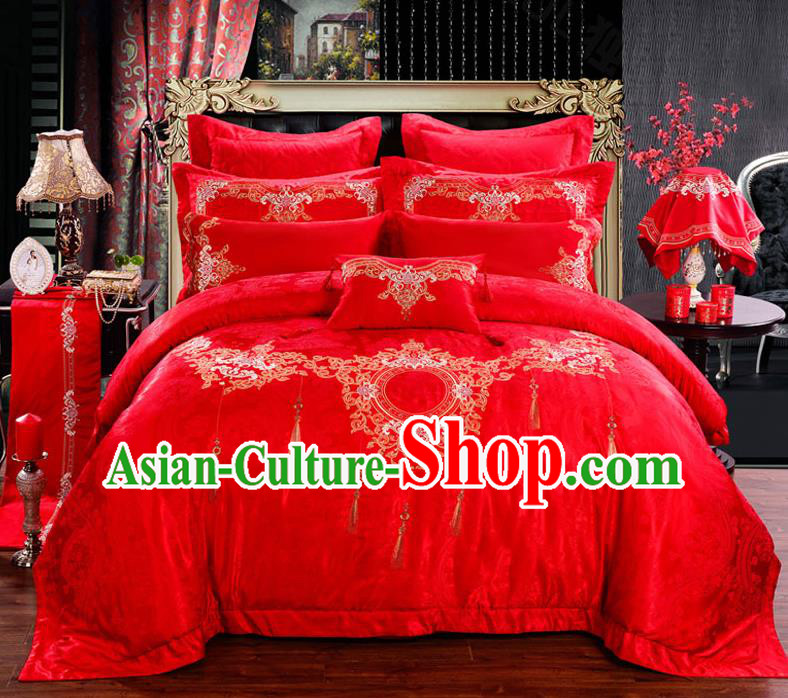 Traditional Chinese Style Marriage Embroidered Bedding Set Wedding Celebration Red Satin Drill Textile Bedding Sheet Quilt Cover Ten-piece Suit