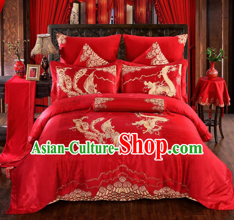 Traditional Chinese Style Marriage Embroidered Dragon and Phoenix Bedding Set Wedding Celebration Red Satin Drill Textile Bedding Sheet Quilt Cover Ten-piece Suit