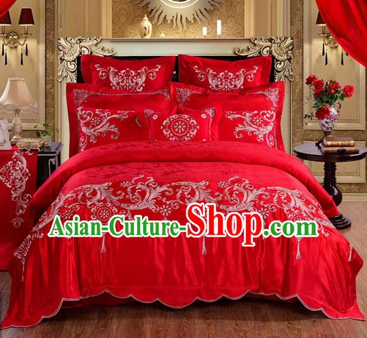 Traditional Chinese Style Marriage Embroidered Bedclothes Set Wedding Celebration Red Satin Drill Textile Bedding Sheet Quilt Cover Ten-piece Suit