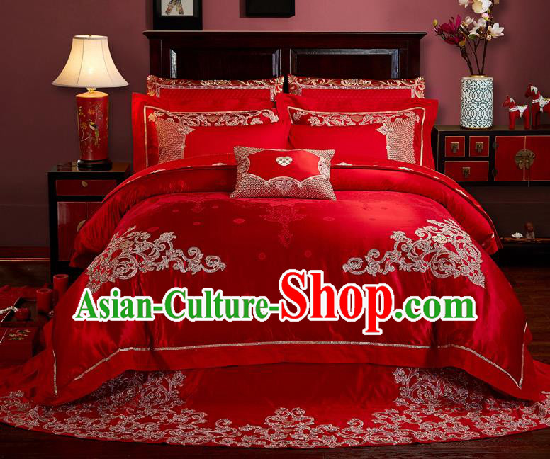 Traditional Chinese Style Marriage Embroidered Phoenix Bedclothes Set Wedding Celebration Red Satin Drill Textile Bedding Sheet Quilt Cover Ten-piece Suit