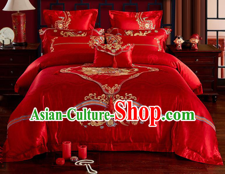 Traditional Chinese Style Marriage Embroidered Twin Bliss Bedclothes Set Wedding Celebration Red Satin Drill Textile Bedding Sheet Quilt Cover Ten-piece Suit