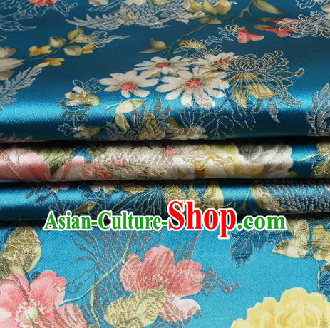 Chinese Royal Palace Traditional Costume Peony Pattern Blue Satin Brocade Fabric, Chinese Ancient Clothing Drapery Hanfu Cheongsam Material