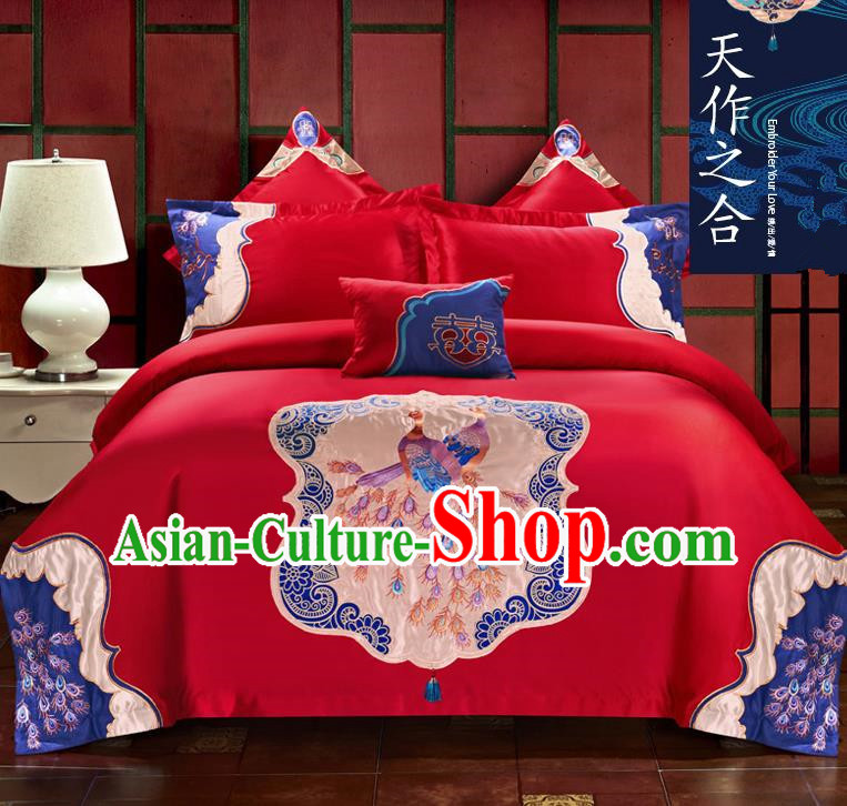 Traditional Chinese Style Wedding Bedding Set, China National Marriage Printing Peacocks Red Textile Bedding Sheet Quilt Cover Seven-piece suit