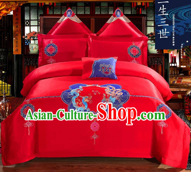 Traditional Chinese Style Wedding Bedding Set, China National Marriage Printing Dragon and Phoenix Red Textile Bedding Sheet Quilt Cover Seven-piece suit