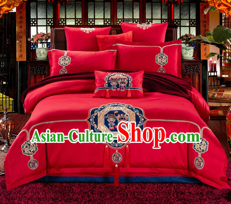 Traditional Chinese Style Wedding Bedding Set, China National Marriage Printing Peking Opera Red Textile Bedding Sheet Quilt Cover Seven-piece suit