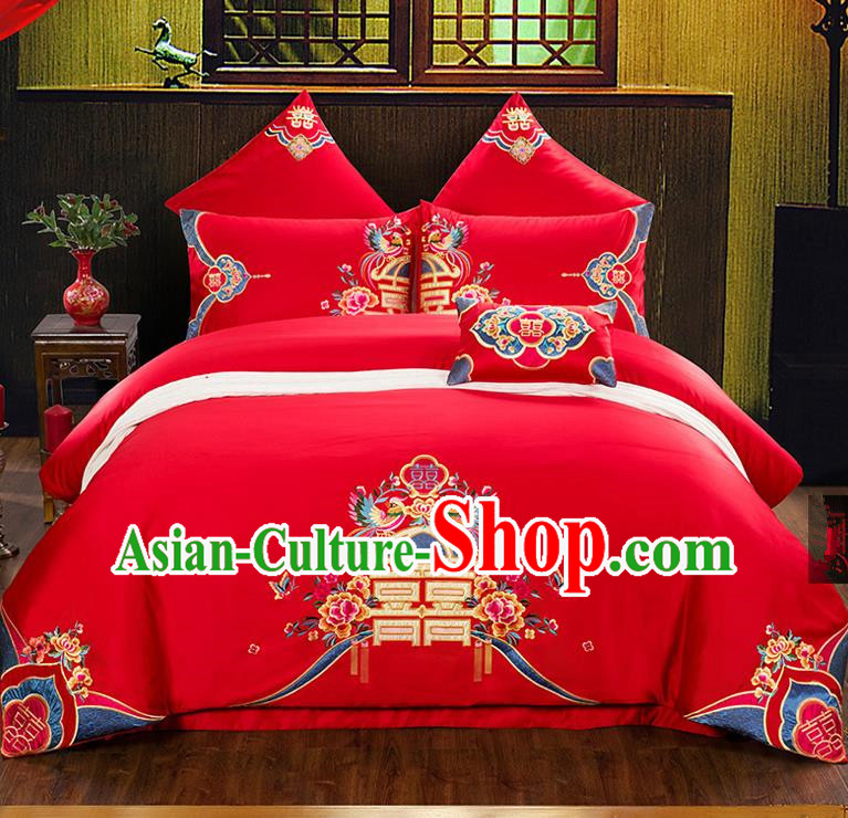 Traditional Chinese Style Wedding Bedding Set, China National Marriage Printing Phoenix Peony Red Textile Bedding Sheet Quilt Cover Seven-piece suit