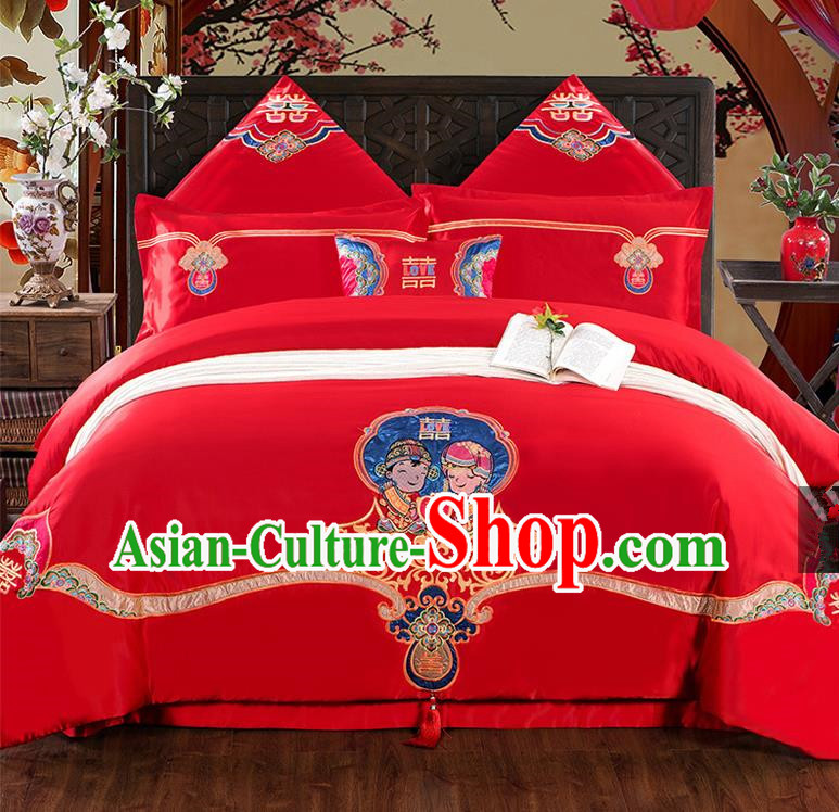 Traditional Chinese Style Marriage Bedding Set, China National Printing Wedding Red Textile Bedding Sheet Quilt Cover Seven-piece suit