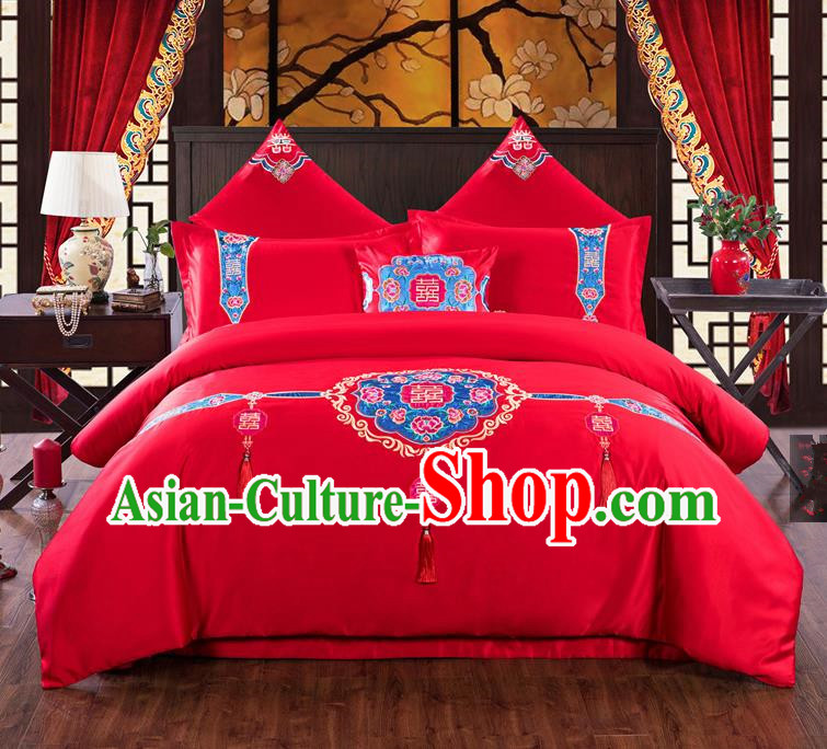 Traditional Chinese Style Marriage Bedding Set, China National Printing Wedding Red Textile Bedding Sheet Quilt Cover Seven-piece suit