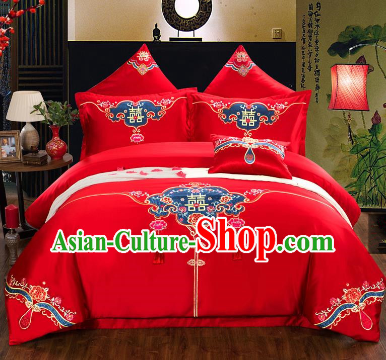 Traditional Chinese Style Marriage Bedding Set, China National Printing Wedding Red Textile Bedding Sheet Quilt Cover Seven-piece suit