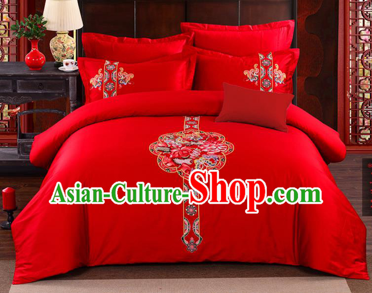 Traditional Chinese Style Marriage Bedding Set, China National Printing Phoenix Peony Wedding Red Textile Bedding Sheet Quilt Cover Seven-piece suit