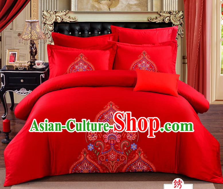 Traditional Chinese Style Marriage Bedding Set, China National Printing Peony Wedding Red Textile Bedding Sheet Quilt Cover Seven-piece suit