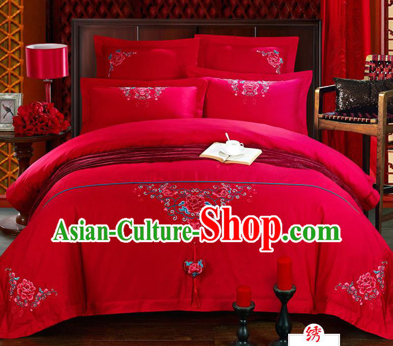 Traditional Chinese Style Marriage Bedding Set, China National Embroidered Peony Wedding Red Textile Bedding Sheet Quilt Cover Four-piece suit