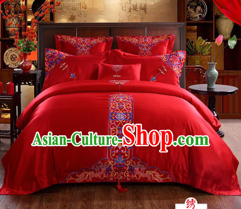 Traditional Chinese Style Marriage Bedding Set, China National Embroidered Flowers Wedding Red Textile Bedding Sheet Quilt Cover Four-piece suit