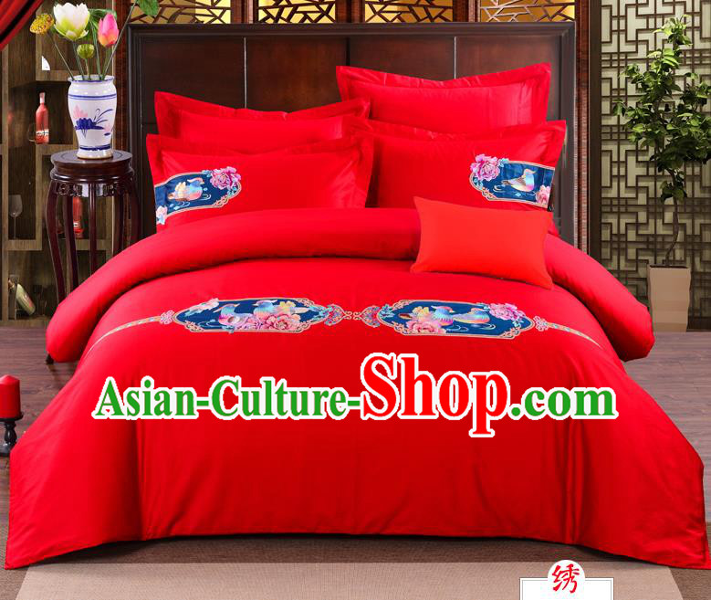 Traditional Chinese Style Marriage Bedding Set, China National Embroidered Mandarin Duck Wedding Red Textile Bedding Sheet Quilt Cover Four-piece suit