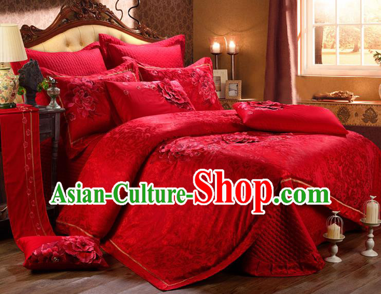 Traditional Chinese Style Marriage Bedding Set Printing Rose Wedding Red Textile Bedding Sheet Quilt Cover Ten-piece Suit