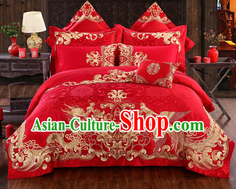 Traditional Chinese Style Marriage Bedding Set Printing Dragon and Phoenix Wedding Red Textile Bedding Sheet Quilt Cover Ten-piece Suit