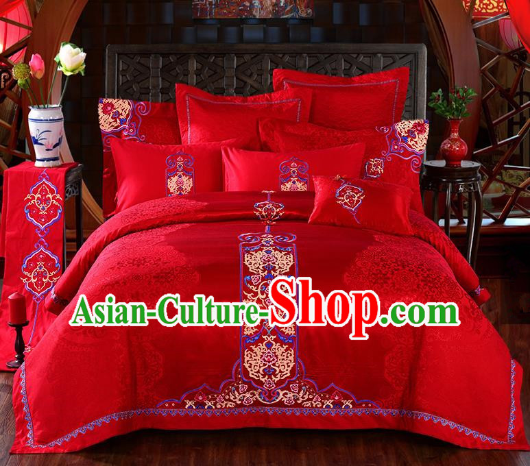 Traditional Chinese Style Marriage Bedding Set Embroidered Wedding Red Satin Textile Bedding Sheet Quilt Cover Ten-piece Suit