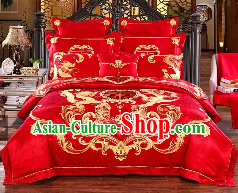 Traditional Chinese Style Marriage Bedding Set Embroidered Dragon Phoenix Wedding Red Satin Textile Bedding Sheet Quilt Cover Ten-piece Suit