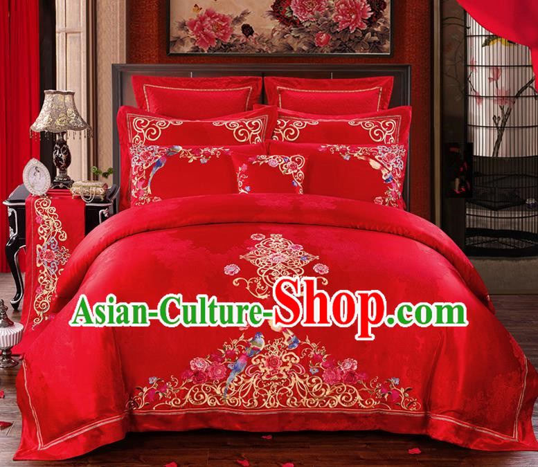 Traditional Chinese Style Marriage Bedding Set Embroidered Magpie Peony Wedding Red Satin Textile Bedding Sheet Quilt Cover Ten-piece Suit