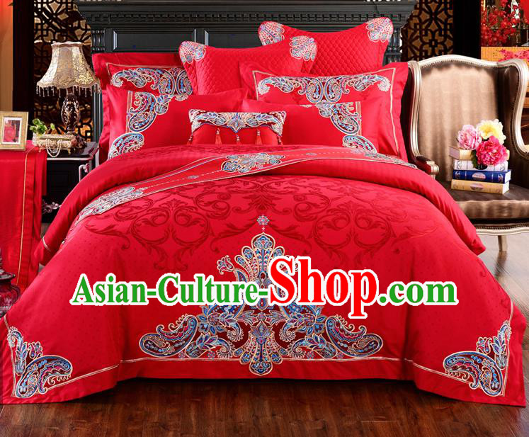 Traditional Chinese Style Marriage Bedding Set Embroidered Wedding Red Satin Drill Textile Bedding Sheet Quilt Cover Eight-piece Suit