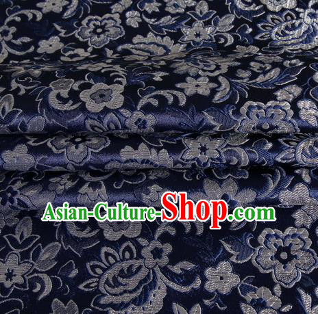 Chinese Royal Palace Traditional Costume Pattern Navy Satin Brocade Fabric, Chinese Ancient Clothing Drapery Hanfu Cheongsam Material