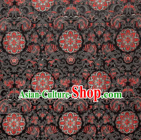 Chinese Royal Palace Traditional Costume Guanyin Flowers Pattern Black Satin Brocade Fabric, Chinese Ancient Clothing Drapery Hanfu Cheongsam Material