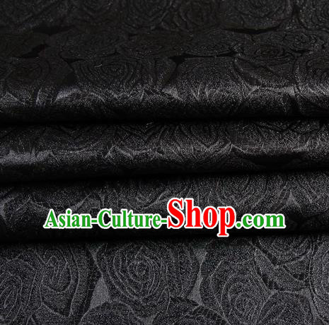 Chinese Royal Palace Traditional Costume Rose Pattern Black Satin Brocade Fabric, Chinese Ancient Clothing Drapery Hanfu Cheongsam Material