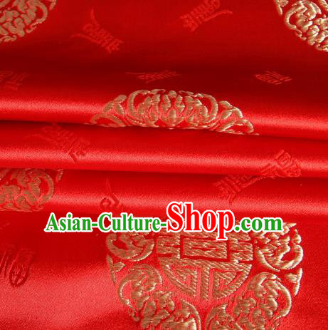 Chinese Royal Palace Traditional Costume Fu Character Pattern Red Satin Brocade Fabric, Chinese Ancient Clothing Drapery Hanfu Cheongsam Material