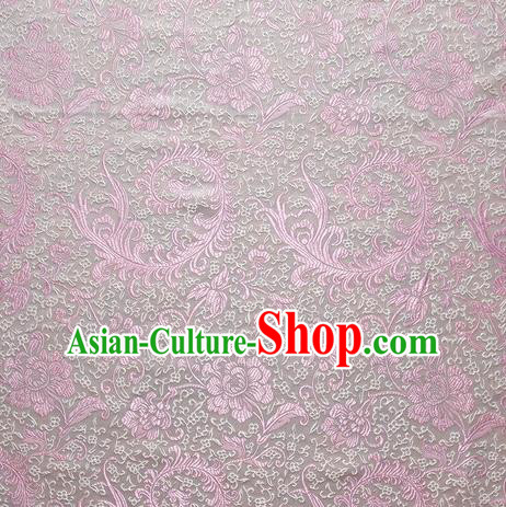 Chinese Royal Palace Traditional Costume Pink Pteris Pattern White Satin Brocade Fabric, Chinese Ancient Clothing Drapery Hanfu Cheongsam Material