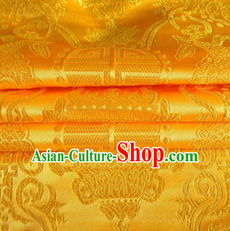 Chinese Traditional Costume Royal Palace Pattern Golden Satin Brocade Fabric, Chinese Ancient Clothing Drapery Hanfu Cheongsam Material