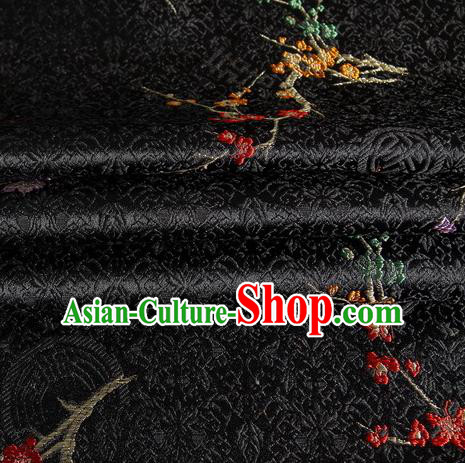 Chinese Traditional Costume Royal Palace Plum Blossom Pattern Black Satin Brocade Fabric, Chinese Ancient Clothing Drapery Hanfu Cheongsam Material