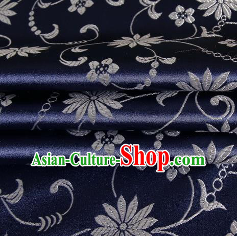 Chinese Traditional Costume Royal Palace Lotus Pattern Deep Blue Satin Brocade Fabric, Chinese Ancient Clothing Drapery Hanfu Cheongsam Material