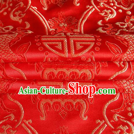 Chinese Traditional Costume Royal Palace Fishes Pattern Red Satin Brocade Fabric, Chinese Ancient Clothing Drapery Hanfu Cheongsam Material