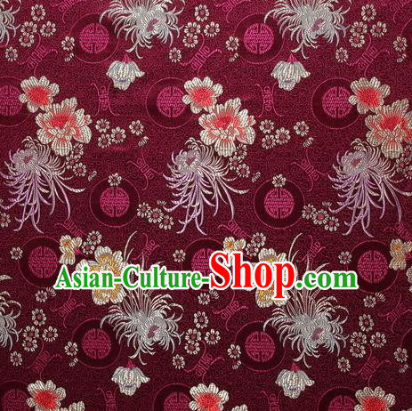Chinese Traditional Costume Royal Palace Chrysanthemum Pattern Dark Red Satin Brocade Fabric, Chinese Ancient Clothing Drapery Hanfu Cheongsam Material