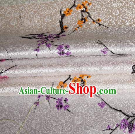 Chinese Traditional Costume Royal Palace Plum Blossom Pattern White Satin Brocade Fabric, Chinese Ancient Clothing Drapery Hanfu Cheongsam Material