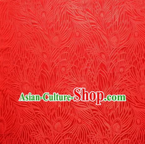 Chinese Royal Palace Traditional Costume Peacock Feather Pattern Red Satin Brocade Fabric, Chinese Ancient Clothing Drapery Hanfu Cheongsam Material