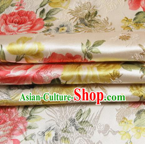 Chinese Traditional Costume Royal Palace Peony Pattern White Satin Brocade Fabric, Chinese Ancient Clothing Drapery Hanfu Cheongsam Material