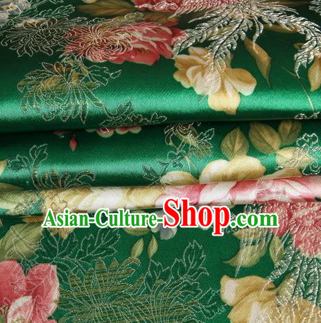 Chinese Traditional Costume Royal Palace Peony Pattern Green Satin Brocade Fabric, Chinese Ancient Clothing Drapery Hanfu Cheongsam Material