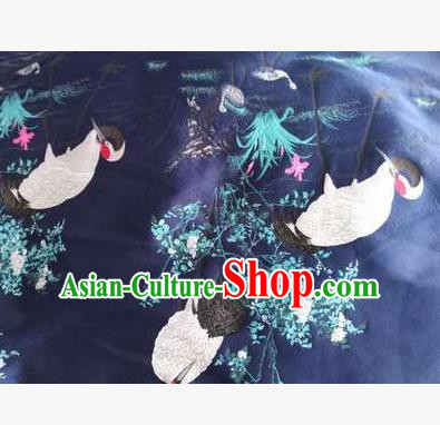 Chinese Traditional Costume Royal Palace Jacquard Weave Crane Deep Blue Brocade Fabric, Chinese Ancient Clothing Drapery Hanfu Cheongsam Material