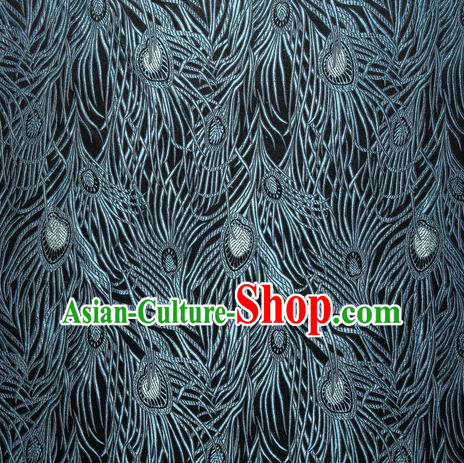 Chinese Traditional Costume Royal Palace Blue Peacock Feather Pattern Black Satin Brocade Fabric, Chinese Ancient Clothing Drapery Hanfu Cheongsam Material