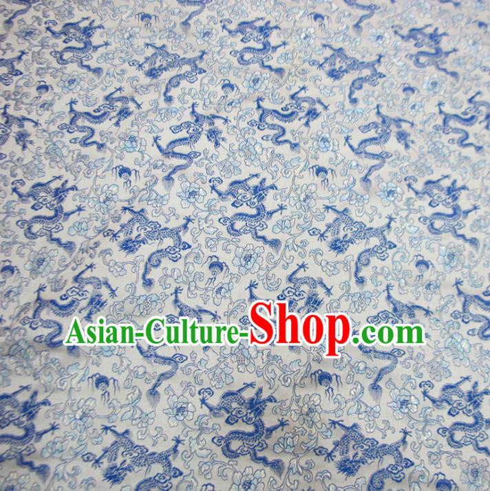 Chinese Traditional Costume Royal Palace Blue and White Porcelain Dragons Pattern Satin Brocade Fabric, Chinese Ancient Clothing Drapery Hanfu Cheongsam Material